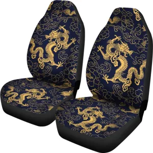 Gold Japanese Dragon Pattern Print Universal Fit Car Seat Covers, Dragon Decoration For A Car