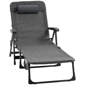 Outsunny Folding Chaise Lounge, Garden Lounger Headrest Cup Holder, Dark Grey