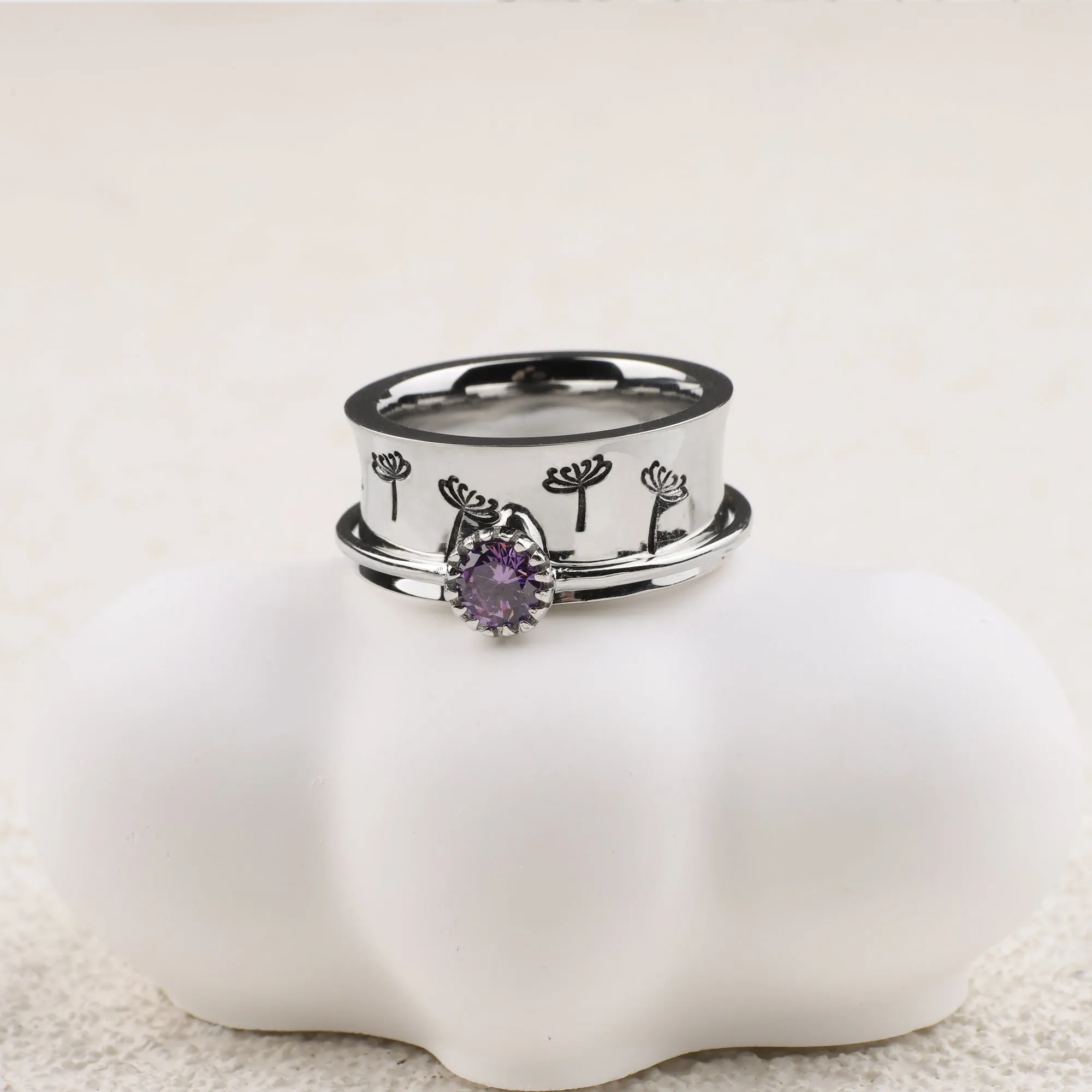 Silver Dandelion Birthstone Spinning Fidget Ring