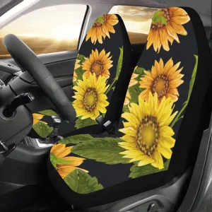 Sunflower Car Seat Covers 2 pc Set, Black Yellow Flowers Universal Front Seat Floral Car SUV Vans Seat Protector Accessory Women